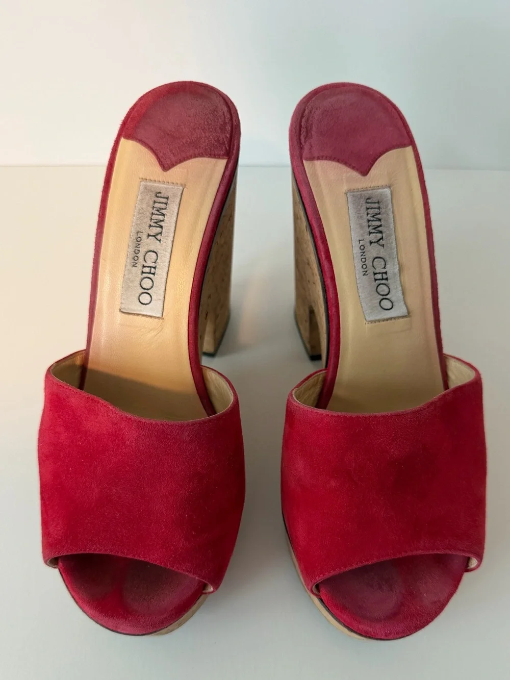 Jimmy Choo Deedee Red Suede Cork Platform Heels, Size 7.5